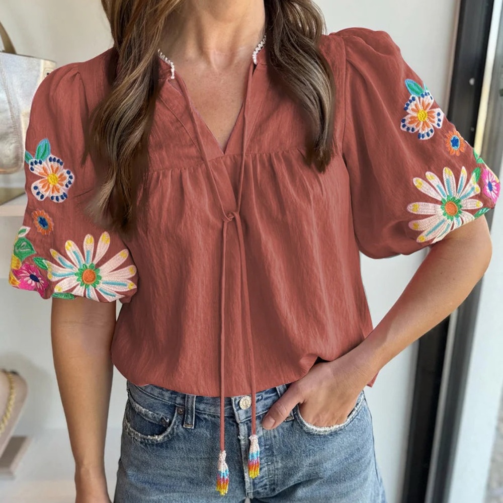 Embroidered Floral Rust Top
